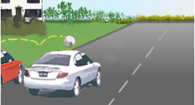 Alert driving and consideration for other road user - The silver car is overtaking the parked red car, what should the driver do in this situation?