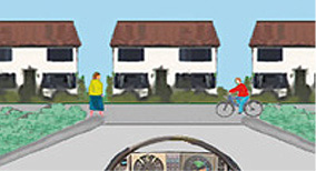 Alert driving and consideration for other road user - A driver wants to pull out of a driveway and turn right onto the road. At the same time a cyclist is approaching from the right and a pedestrian wants to cross. Who must wait?
